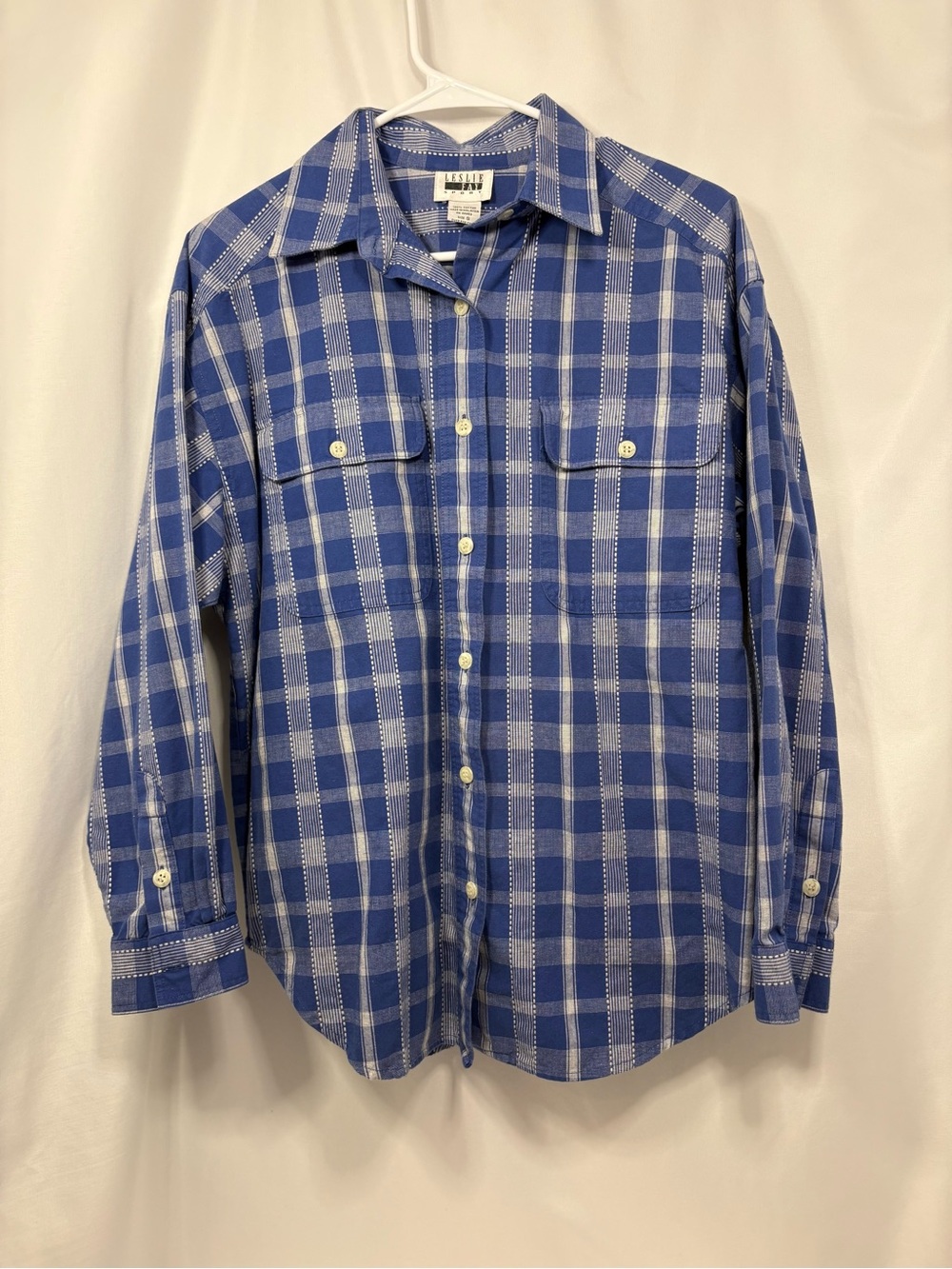 Vintage Leslie Fay Classic Blue Plaid Womens Button-Up Shirt  Size Small